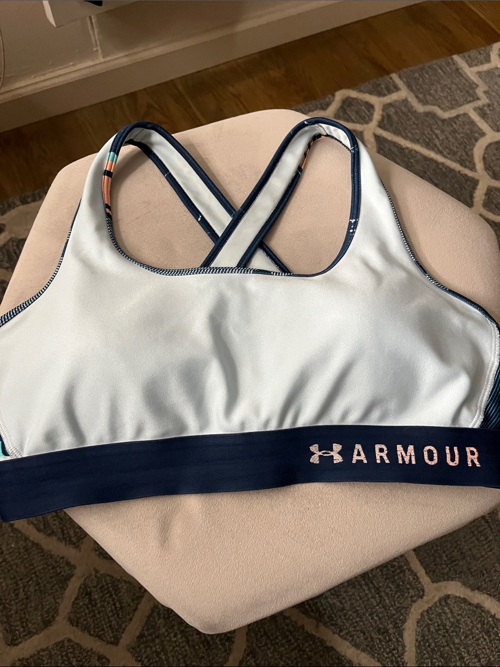 Under Armour White and Navy Crossback Sports Bra with Pink Logo